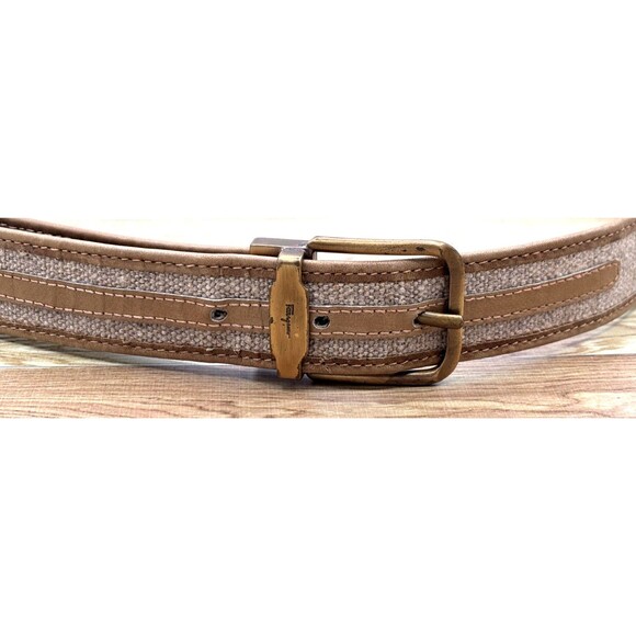 Vintage Salvatore Ferragamo Italy Mens Belt Tan Tweed Leather Brass Buckle 36-38 - Picture 4 of 14